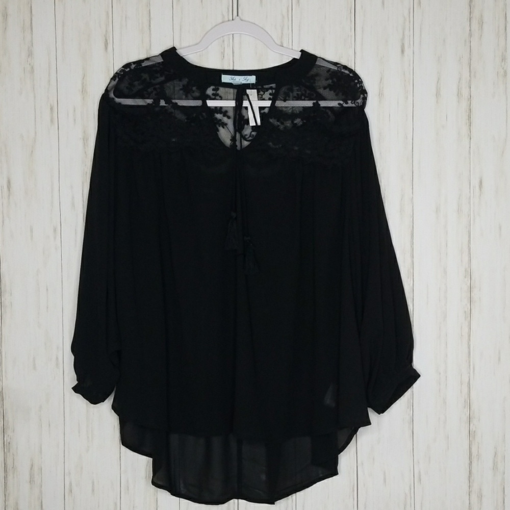 Olivia Sheer Black Dolman Blouse Lace Yoke - Picture 2 of 8